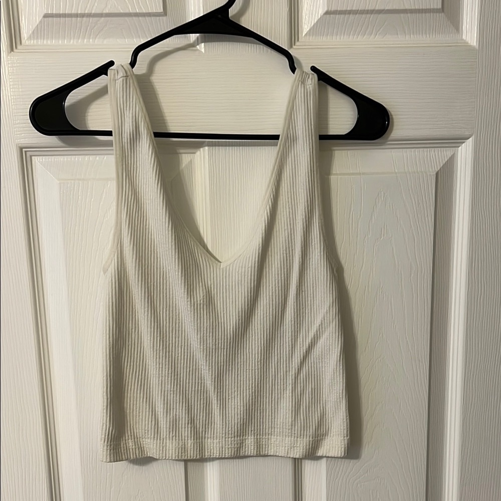 White Ribbed V-Neck Women's Top